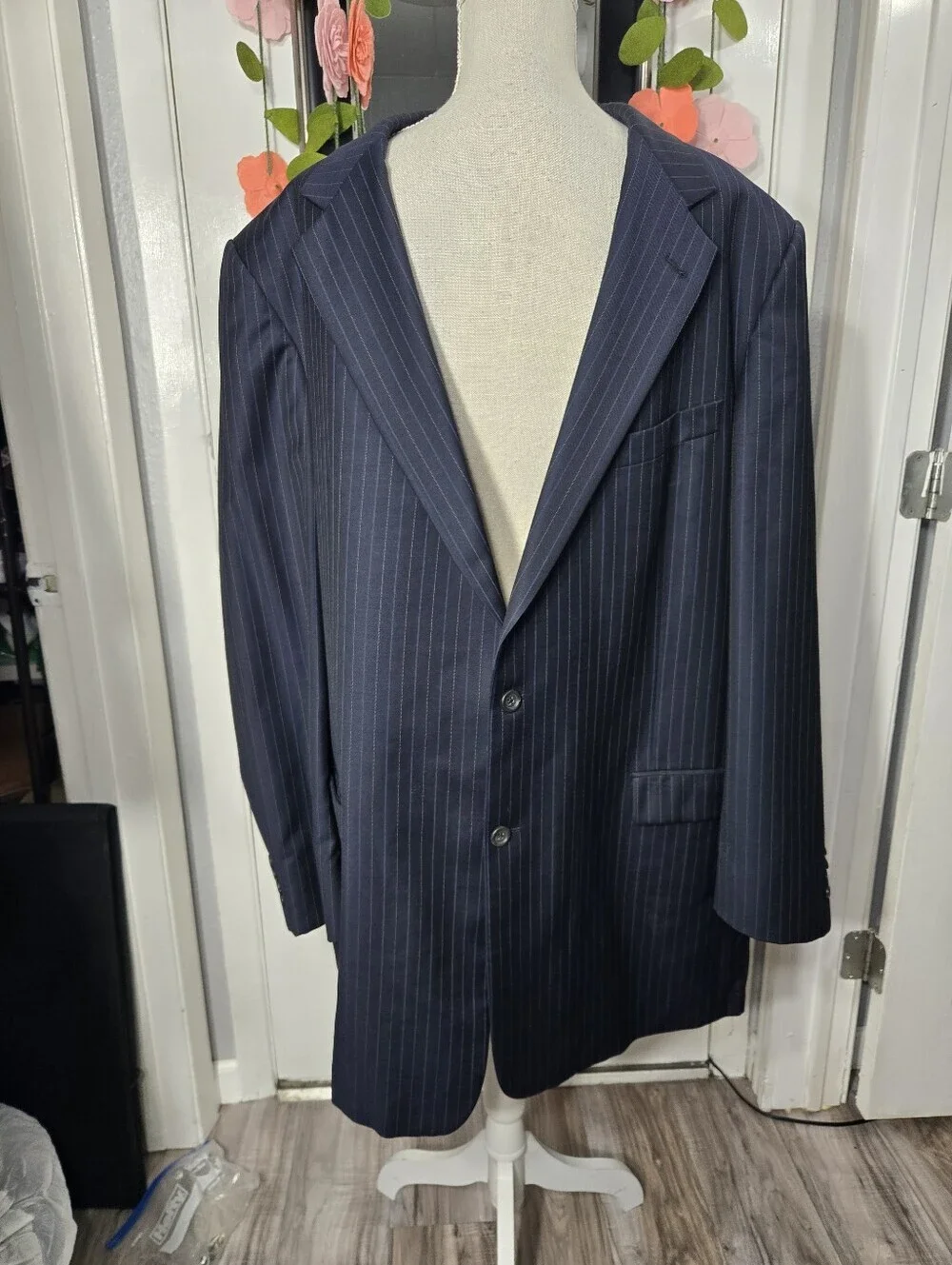 Vintage Burberry For Rochester Blue Pinstripe Wool Suit Size 50 XLG Big And Tall